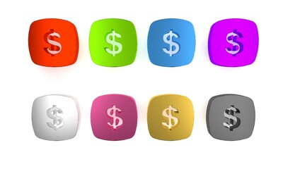 Colorful Dollar symbol icon isolated on white background. Cash and money, wealth, payment symbol. Casino gambling. Minimalism concept. 3D render illustration