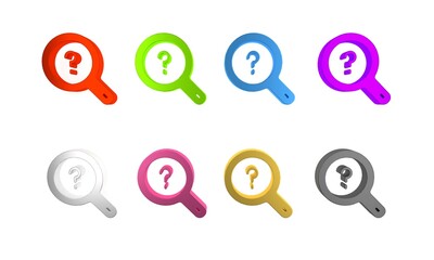 Colorful Unknown search icon isolated on white background. Magnifying glass and question mark. Minimalism concept. 3D render illustration