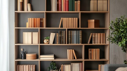 Modern bookshelf with neatly arranged books and stylish accents