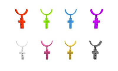 Colorful Christian cross on chain icon isolated on white background. Church cross. Minimalism concept. 3D render illustration