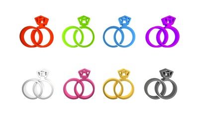 Colorful Wedding rings icon isolated on white background. Bride and groom jewelry sign. Marriage symbol. Diamond ring. Minimalism concept. 3D render illustration