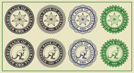 Vector graphic set of financial fictional seals. Collection of round icons with kangaroo and reserve bank of Australia inscription. Emblems or badges.