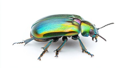 Fototapeta premium Close-up image of a scarab beetle with shiny, metallic body and detailed legs, isolated on a pure white background