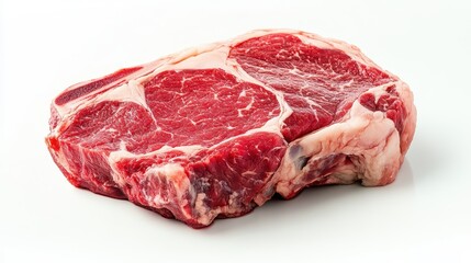 Close-up of a beef ribeye steak, raw and ready to cook, isolated on a white background.