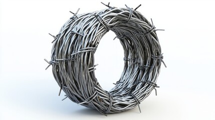 Barbed wire coiled into a circular shape isolated on a white background