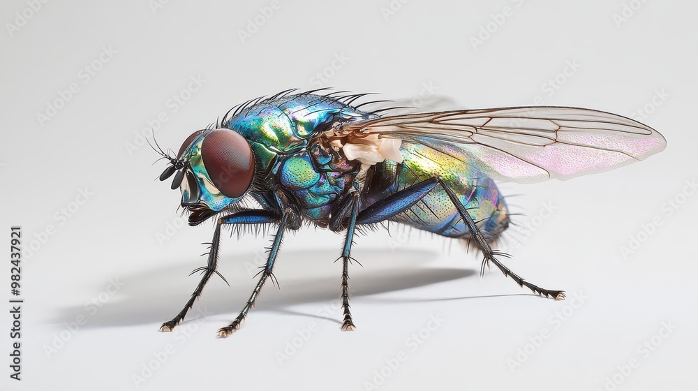 Wall mural close-up of a housefly with detailed wing structure and iridescent body, standing still on a white s