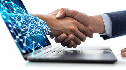 Handshake Between Real and Virtual - Online Transaction and Agreement Concept isolated on white background.
