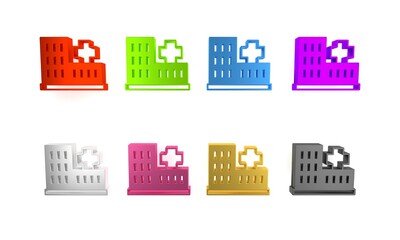 Colorful Medical hospital building with cross icon isolated on white background. Medical center. Health care. Minimalism concept. 3D render illustration