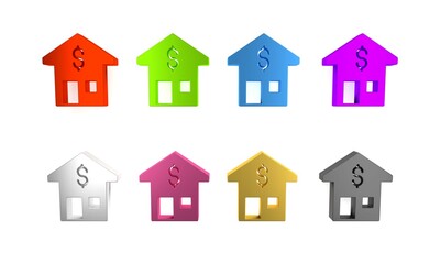 Colorful House with dollar symbol icon isolated on white background. Home and money. Real estate concept. Minimalism concept. 3D render illustration