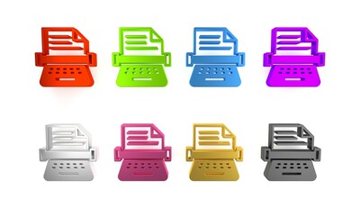 Colorful Retro typewriter and paper sheet icon isolated on white background. Minimalism concept. 3D render illustration