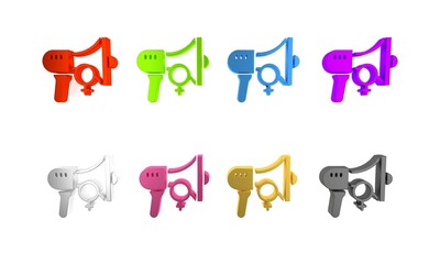 Colorful Female movement, feminist activist with banner and placards icon isolated on white background. Feminist rights movement, feminism sisterhood. Minimalism concept. 3D render illustration