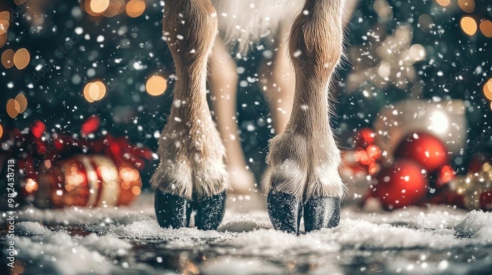 Poster close-up of a hoof in the snow, surrounded by festive ornaments and snowflakes, capturing a magical 