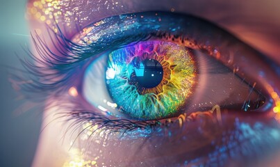 A detailed view of a multicolored iris with futuristic light effects and vibrant details.