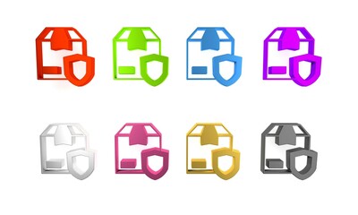 Colorful Delivery security with shield icon isolated on white background. Delivery insurance. Insured cardboard boxes beyond the shield. Minimalism concept. 3D render illustration