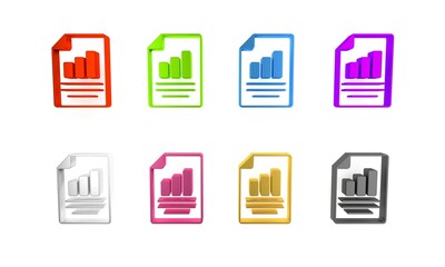 Colorful Document with graph chart icon isolated on white background. Report text file icon. Accounting sign. Audit, analysis, planning. Minimalism concept. 3D render illustration