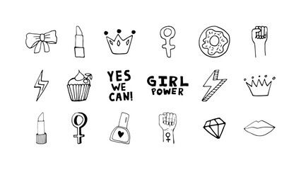 Feminism movement. Hand drawn doodle elements, stickers, phrase and lettering about women power