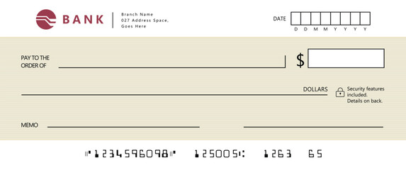 Bank check, vector blank money cheque, checkbook template with guilloche pattern and fields. Currency payment coupon, money check background