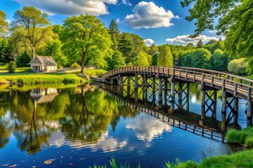 Fototapeta premium A serene Old North Bridge in Concord, Massachusetts, stands majestically amidst verdant surroundings, with a tranquil river flowing gently by its side.