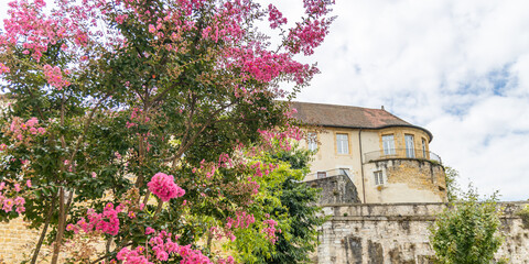 Windows and balcony of a tower of Chateau-Vieux building in Bayonne, France