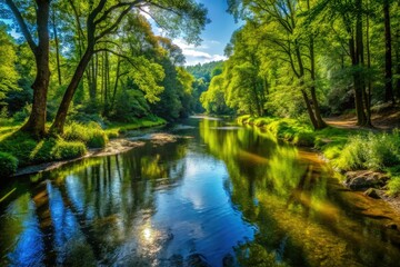 Obraz premium A serene river flows gently through a vibrant forest, its tranquil path creating elongated silhouettes on its crystal-clear surface.