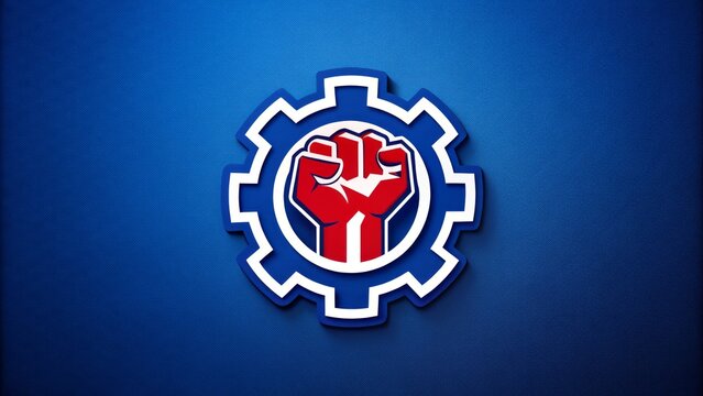 A simplified logo featuring a raised red fist and gear subtly integrated with a blue background, striking a
