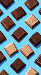 Fototapeta premium Chocolate pieces blue background modern minimal pattern food sweet dessert repetition abstract wallpaper cocoa flatlay geometric aesthetic confectionery gourmet backdrop cute advert edgy cook