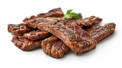 Cooked beef strips, tender and juicy, isolated on a white backdrop.