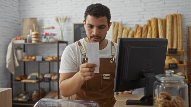 Young man working in a bakery checks a receipt while standing behind the counter, surrounded by shelves of fresh bread and pastries
