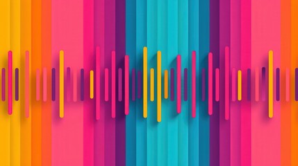 Obraz premium Vibrant Soundwave Symphony, an abstract illustration showcasing dynamic sound wave patterns in vivid colors, emphasizing a flat design aesthetic and rhythmic movement.
