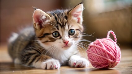 Obraz premium A soft brown and white tabby kitten enthusiastically chases a pink and white ball of yarn around the