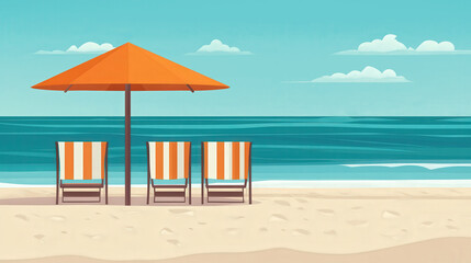 Beach Cabanas Oasis, a vibrant flat design illustration capturing the serene ambiance of beachside relaxation, inviting viewers to imagine a tranquil escape under shaded comfort.