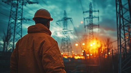 Electric utility worker observing a sunset behind power lines in an industrial area