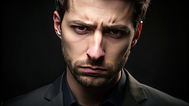 A somber figure emerges from the darkness, his pursed lips and downcast eyes conveying a sense of deep contemplation and introspection.