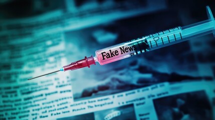 A syringe marked "Fake News" being injected into a news article, representing the harmful spread of misinformation in society.