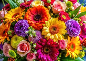 Assorted flowers in a decorative bouquet exude vibrant beauty, ideal for celebratory occasions and floral design concepts, adding elegance to any image or setting.