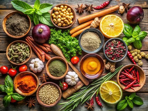 Assortment of fresh organic herbs and spices for natural immunity boosting and cold and flu prevention