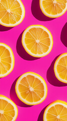 Fototapeta premium Yellow lemon slices pink background modern minimal pattern fresh citrus fruit repetition abstract wallpaper vibrant summer food texture pop art concept flatlay bright contrast backdrop cute campaign