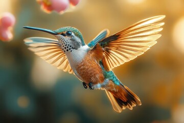 Fototapeta premium Sunlit Splendor: A Hummingbird's Graceful Flight in Golden Radiance