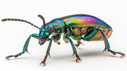 Naklejka premium Detailed view of a jewel beetle with iridescent exoskeleton, sharp focus on body and legs, white backdrop