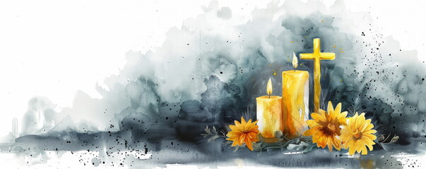 Burning candles with cross, chrysanthemum flowers and copy space on black background on paper. Watercolor painting for All Souls Day, Remembrance Day, All Saints Day,.