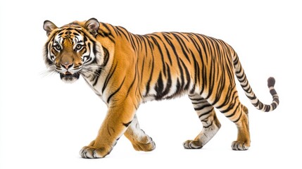 Obraz premium Elegant Bengal tiger walking forward with striking stripes, sharp gaze, and poised stance, isolated on a white background