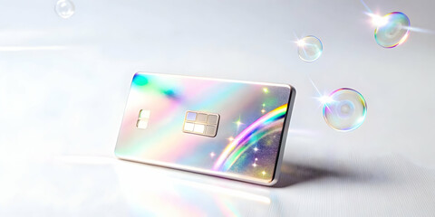 Glossy Credit Card on White Background with Holographic Retail & Business Symbols: Perfect for E-Commerce Financial Transactions