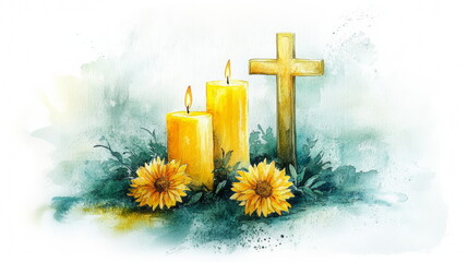 Two candles and wooden cross with yellow flowers on on paper For All Saints Day, All Souls Day, Remembrance, funeral background