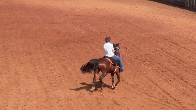 homem cavalga com cavalo em arena rural 