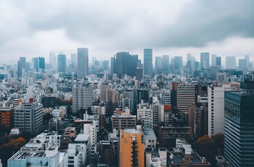 Aerial view of a city skyline under cloudy skies.