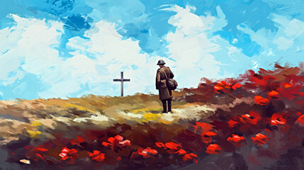 Oil painting of lone soldier in front of a wooden cross in red poppy field. 11 November and 25 April card, poster, banner. Remembrance Day, Poppy Day, Veterans Day, Anzac Day.