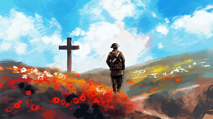 Oil painting of lone soldier in front of a wooden cross in peaceful red poppy field under blue sky. 11 November and 25 April. For Remembrance Day, Poppy Day, Veterans Day, Anzac Day.
