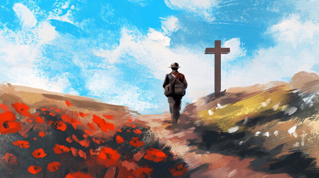 Oil painting of a soldier walking in red poppy field with a wooden cross. Remembrance Day, Poppy Day, Veterans Day, Memorial Day, Anzac Day. 11 November and 25 April