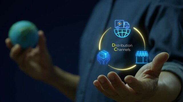 Distribution Channels concept, a chain of businesses or intermediaries through which the final buyer purchases a good or service. Businessman shows Distribution Channels icons on virtual screen.