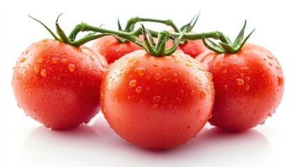Fresh red tomatoes on white background, slightly dewy with stems attached